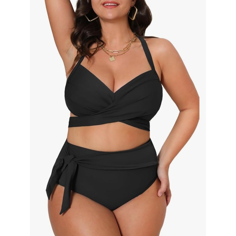 CUPSHE Womens Black High Waisted Bikini Set Wrap Top Side Tie Size 0X  NEW